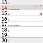 Kalender mit den Novembertagen 1-30. Feiertage: Allerheiligen (1), Volkstrauertag (14), Totensonntag (21), 1. Advent (28).