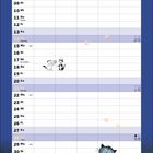 Kalender für November mit hellblauer Tabelle, illustrierten Katzen, Pfotenabdrücken und einer Katze auf einer Laterne.