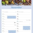 November-Kalender mit bunten Früchten: Äpfel, Birnen, Pflaumen. Enthält Tipps zur Lagerung und Reifung von Birnen.