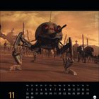 Kalenderblatt mit Monat November. Illustration von robotischen Maschinen mit langen Beinen in einer Wüstenlandschaft.