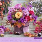 "November" auf lila Hintergrund. Ein Blumenarrangement in herbstlichen Farben mit Chrysanthemen und Rosen in einem Filztopf.