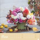 "Nov" steht oben links. Blühendes Arrangement in einem grünen Topf umgeben von Herbstblättern. Kalenderdarstellung unten.
