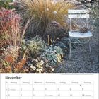 Kalenderblatt für November, zeigt Pflanzen im Garten und einen weißen Stuhl. Pflanzen: Lampenputzgras, Berberitze, Wollziest.