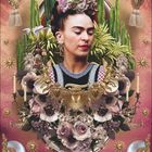 November. Eine Frau mit Blumen im Haar, umgeben von Kakteen und goldenen Dekorationen auf rosa Hintergrund.