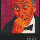 "Die drei ??? und der schrullige Millionär, 1989." Illustration eines Mannes in Rot- und Orangetönen, Novemberkalender.