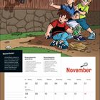 "Wetterboten. Um eine Mission zu planen, ist es für einen Detektiv wichtig zu wissen, wie das Wetter wird." Illustration: Ein Ninja auf einem Dach überrascht drei Kinder. Darunter ein Kalender für November.