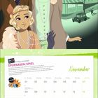 Text: "Die drei !!! Schlau ermittelt! SPÜRNASEN-SPIEL." Illustration: Drei Frauen im 1920er-Stil vor einem Gebäude. Kalender für November.