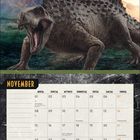 Novemberkalender mit Illustration eines brüllenden Dimetrodon vor einem bewölkten Himmel.