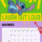 "HA HA HA," "LAUGH OUT LOUD." November-Kalender mit Illustration einer lachenden blauen Figur und einer Gitarre.