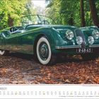 November, Kalendarium mit Daten für November 2023 unten. Klassischer grüner Jaguar XK120 im herbstlichen Wald.