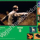 Text: "January 2026", "Tuesday 13". Ein Mann in einem Mantel. Illustrationen von Eule, Kerzen, Reh, Umhang und Schal.