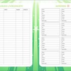 Links: „AUSLEIH-/VERLEIHLISTE“ mit Tabellen. Rechts: „ADRESSEN“ mit Kontaktfeldern. Grünlicher Hintergrund mit Sternen.