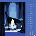 Kalenderdaten und Nummer 11 auf blauem Hintergrund. Illustration: Person mit blonden Haaren steht vor großem, dunklen Wolf im Wald.