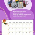 „November“, „Mit huhuuu und hihii zittern die Knie...“, Illustration: Figur mit roten Haaren spielt Schlagzeug, Kalender.