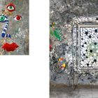 Text: "Face relief in the Silver Room". Links: Buntes Gesichtsrelief bestehend aus Augen, Nase und Lippen. Rechts: Mosaik aus Spiegeln und bunten Formen um ein Fenster.