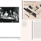 Links: Schwarzweißfoto von Menschen an einem Tisch, feiern mit Getränken. Rechts: Illustration eines modernen Gebäudes und Text über Charlotte Perriand.