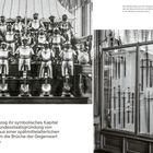 Links ein Satz über die Symbolkraft der Schweiz, rechts Vitrinen mit mittelalterlichen Schwertern und Rüstungen.