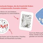50 Designs fördern Kreativität und laden zum Ausmalen ein. Karten mit Widmungsfeld, "LOVE", "Thank you".