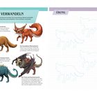 „TIERE VERWANDELN“, Illustrationen von verschiedenen Füchsen, links beschriftet. Rechts Zeichnungsvorlagen.