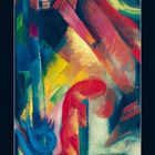 November 2027 Kalender. Buntes expressionistisches Gemälde mit kräftigen Farben und dynamischen Formen.