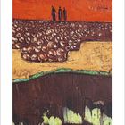 Kalenderblatt für November 2027. Eine abstrakte Landschaft mit kräftigen Farben in Blau, Rot und Braun.