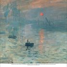 November 2022 Kalenderblatt. Impressionistisches Gemälde mit Boote auf nebligem Wasser und rotem Sonnenaufgang.