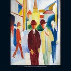 "August Macke (1887-1914), Helle Straße mit Leuten, 1913" unten links. Bunte, abstrakte Darstellung von Menschen in einer Stadt.