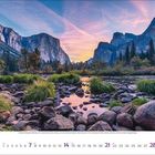Novemberkalender: Landschaft mit Bergen, Fluss und Felsen im Vordergrund unter farbenfrohem Himmel.