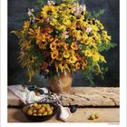 Kalenderseite für November 2027, unten ein Kalenderblatt. Ein großer Blumenstrauß in einem braunen Keramikgefäß.