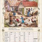 November 2027. Allerheiligen feucht, wird der Schnee nicht leicht. Illustration eines Dorflebens mit Hühnern und spielenden Kindern.