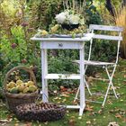 Ein weißer Tisch mit Blumen, ein weißer Stuhl, ein Korb voller Quitten, ein Gitterkorb mit Nüssen, umgeben von üppigem grünen Garten.