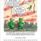 Zwei grüne Drachen verhandeln über eine Geisel in einer turmartigen Szene. Kalender: November 2027.