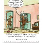 Ein Motivationsspruch und zwei Hirsche: "Wir teilen die Arbeit: Du machst sauber und ich lobe dich..." November 2027 Kalender.