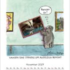 "Besser so!" - Ein Elefant hängt ein schiefes Bild gerade. "WAAGEN SIND STÄNDIG UM AUSGLEICH BEMÜHT." Kalender: November 2027.