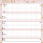 Kalender für November 2021, rosa Hintergrund mit goldenen Mustern, Platz für tägliche Notizen, Nummerierung an den Seiten.