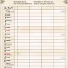 Kalenderblatt für November 2027 mit Spruch über Wetterprognosen und ländlicher Illustration mit Kindern und Tieren im Hof.