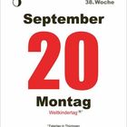 38. Woche. September 20 Montag, Weltkindertag*, *Feiertag in Thüringen. Großer roter Text, minimalistisches Design.