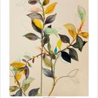 11 ist fett gedruckt. Eine zarte Illustration von Zweigen mit bunten Blättern in warmen Tönen auf hellem Hintergrund.