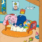 "EH" auf rotem Bett; verspielt bunte Kinderzimmer-Illustration mit schlafenden Figuren.