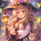 November 2021. Ein Mädchen in Hexenkostüm mit Laterne und Blumenhut, umgeben von leuchtenden Schmetterlingen und zwei Tieren.