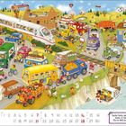 Kalenderblatt mit Zahlen von 1 bis 31. Dazu ein Suchspiel: „Suche Helge, den kleinen Kater. Er hat sich 10x im Bild versteckt.“ Zahlreiche bunte Fahrzeuge, Menschen und Tiere in einer ländlichen Szenerie mit Eisenbahn und Fluss.