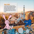 Text: "Park Güell. Der Park Güell liegt in Barcelona, einer Stadt in Spanien..." Ein rosa Hase und ein blauer Elefant, auf Mosaik.