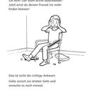 "Oh nein! Der Stuhl bricht auseinander! Jetzt wirst du...", Illustration: Person fällt von kaputtem Stuhl, überrascht.