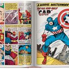 Comic mit Captain America. Links bunte Panels und Dialoge, rechts Vollbild von Captain America mit Schild im Kostüm.