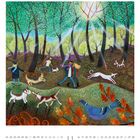 Kalender zeigt November. Illustration: Bunte Herbstszene im Wald mit Menschen und Hunden.