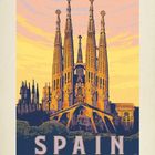 Text: "SPAIN" und "11". Illustration der Sagrada Familia vor einem bunten Himmel, mit kräftigen Gelb- und Lilatönen.