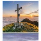 Kalender für November. Drei Landschaftsfotos: Berge, Bäume auf grünem Feld, Kreuz bei Sonnenaufgang.