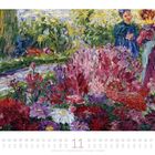 11. Impressionistisches Gemälde eines farbenfrohen Gartens, mit zwei Personen im Hintergrund.