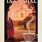 "Taj Mahal" und "Indian Coffee" stehen über und unter einem Gemälde des Taj Mahal mit einer Tasse.