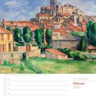 Februar 2027, 07. Woche. Illustration: Bunte Häuser und Bäume unter blauem Himmel. Kalender mit Wochentagen.